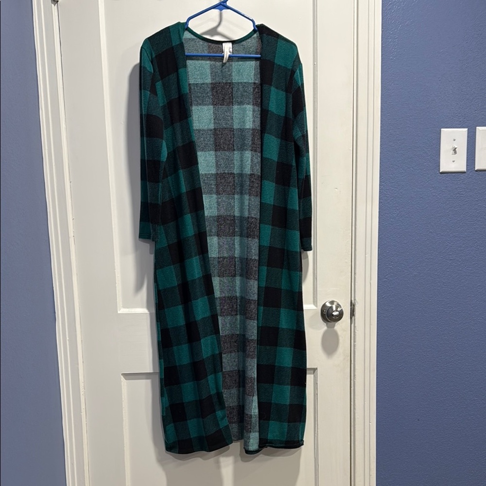 Green and Black Plaid Long Cardigan